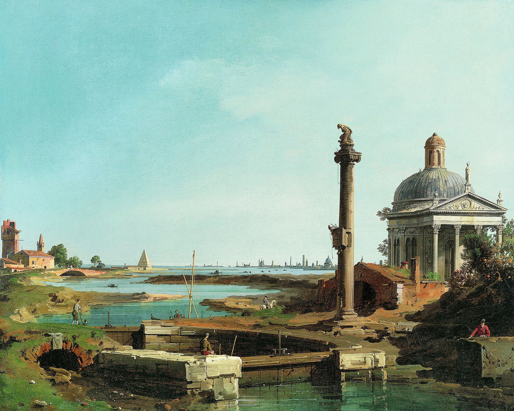 Canaletto Print, A Lock, a Column, and a Church beside a Lagoon — unframed