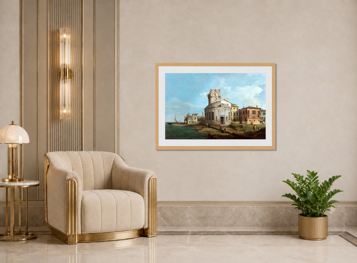 Canaletto Print, A Venetian Capriccio with an oval church by the Lagoon — art deco roomset