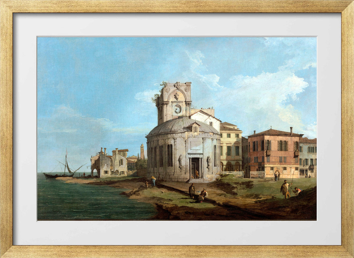 Canaletto Print, A Venetian Capriccio with an oval church by the Lagoon — gold frame