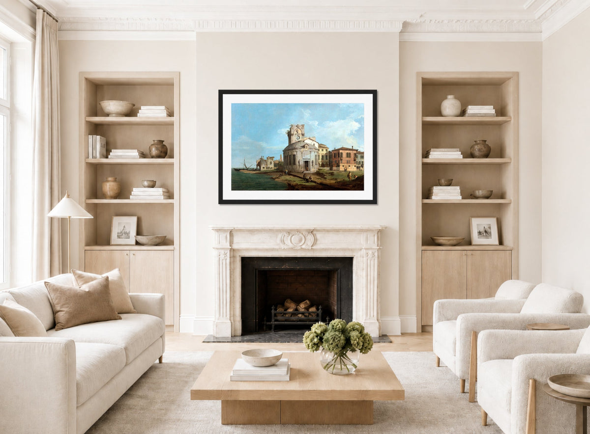 Canaletto Print, A Venetian Capriccio with an oval church by the Lagoon — living room roomset