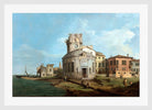 Canaletto Print, A Venetian Capriccio with an oval church by the Lagoon — white frame