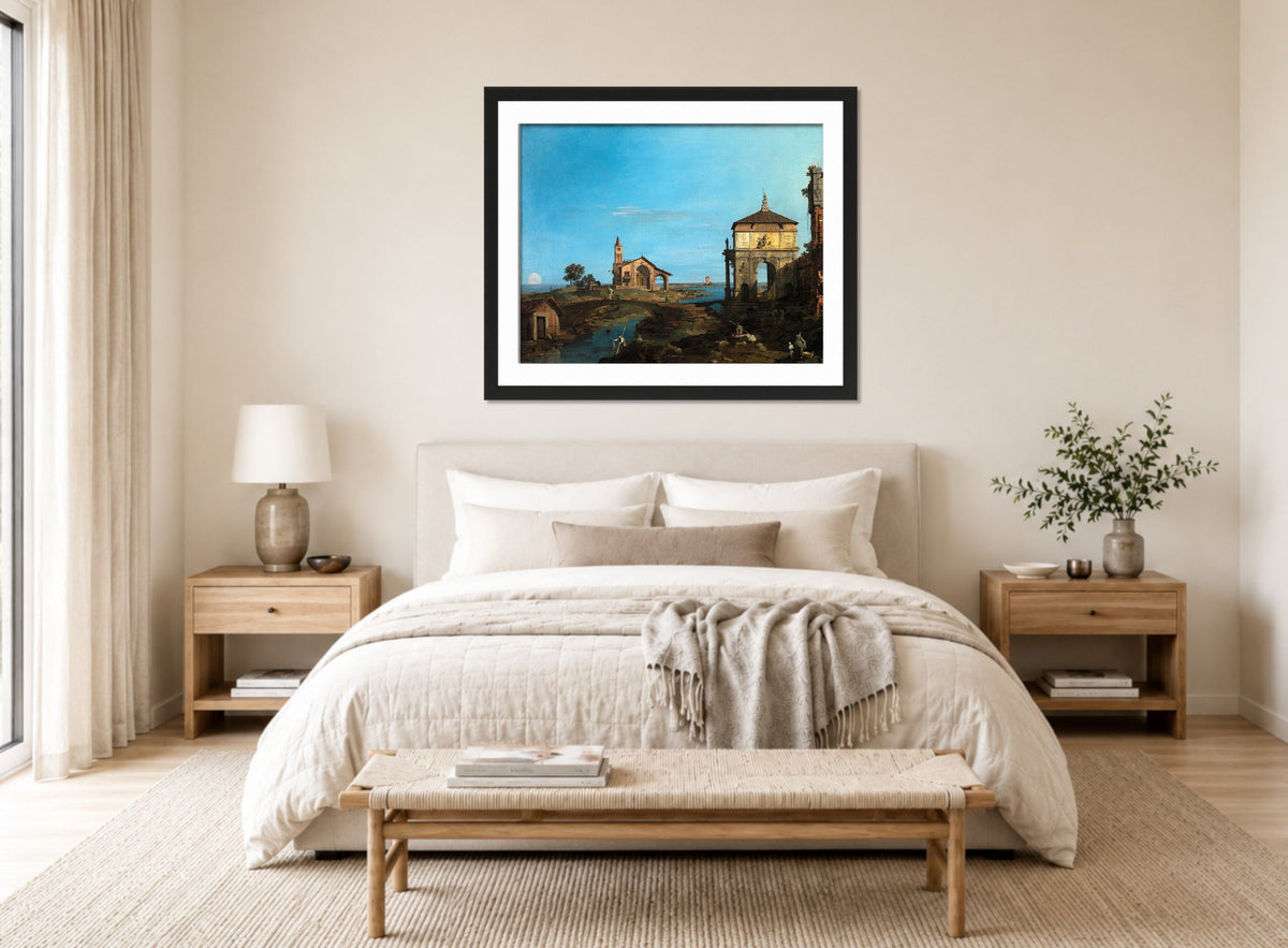 Canaletto Print, An Island in the Lagoon with a Gateway and a Church (1743–44) — bedroom