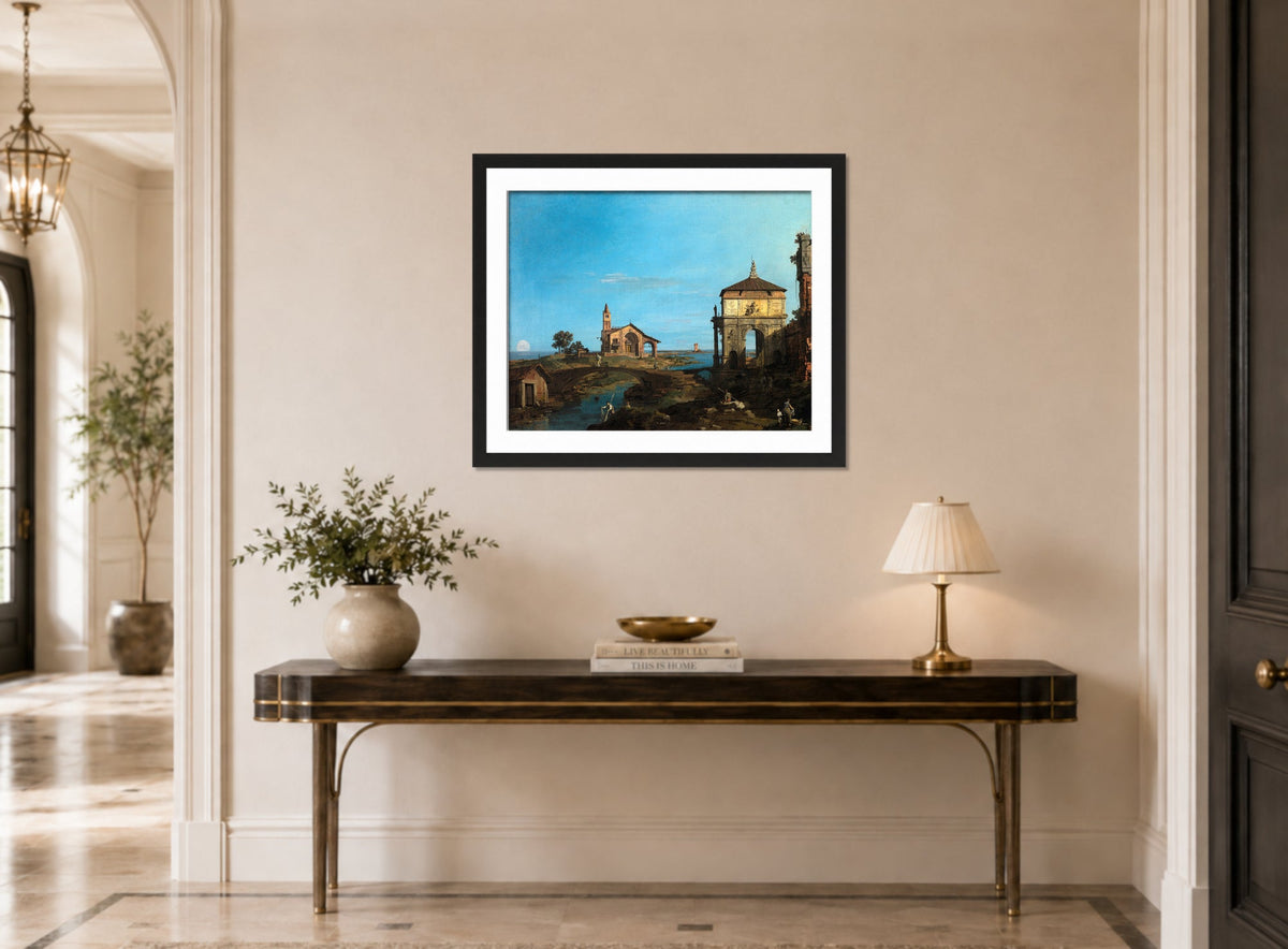Canaletto Print, An Island in the Lagoon with a Gateway and a Church (1743–44) — hallway