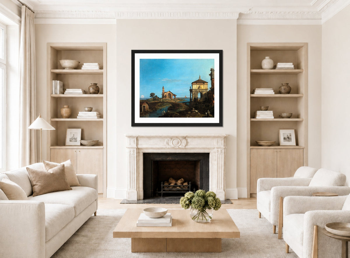 Canaletto Print, An Island in the Lagoon with a Gateway and a Church (1743–44) — living room roomset