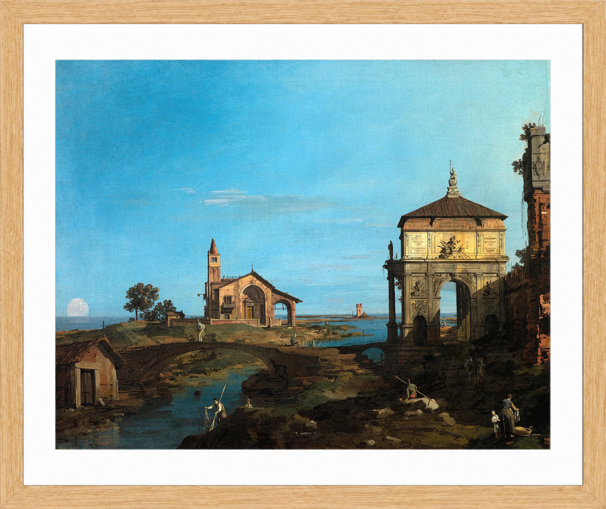 Canaletto Print, An Island in the Lagoon with a Gateway and a Church (1743–44) — oak frame
