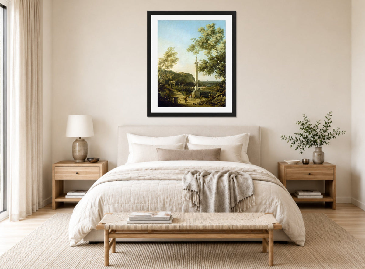 Canaletto Print, English Landscape Capriccio with a Column (c. 1754) — bedroom
