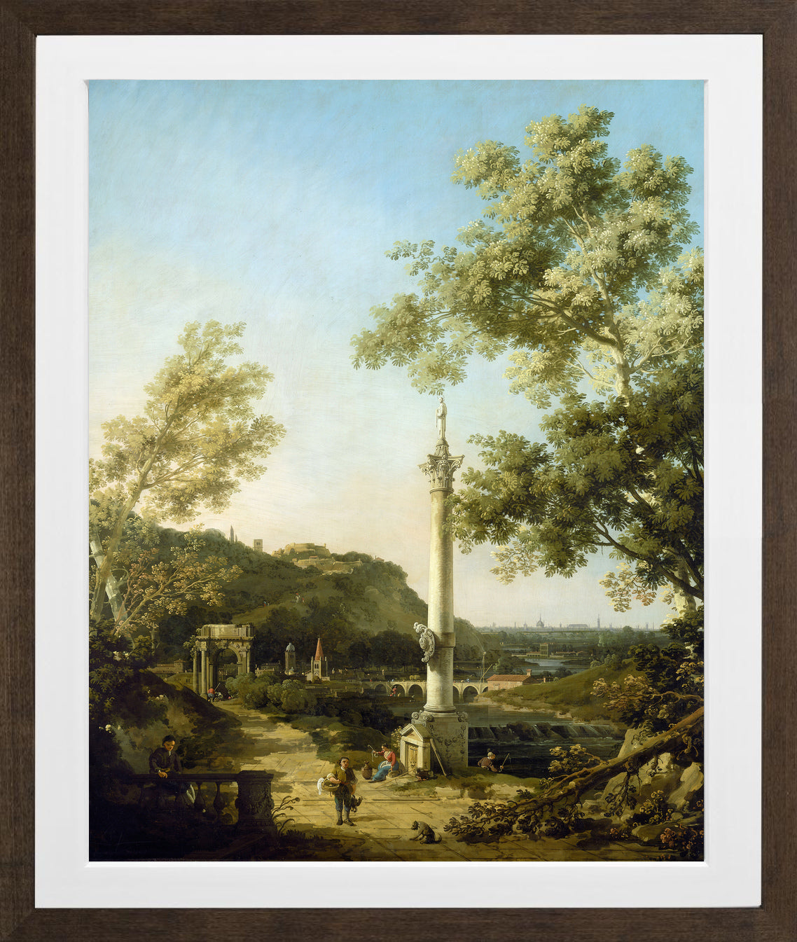Canaletto Print, English Landscape Capriccio with a Column (c. 1754) — brown frame