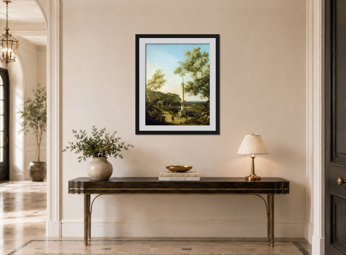 Canaletto Print, English Landscape Capriccio with a Column (c. 1754) — hallway