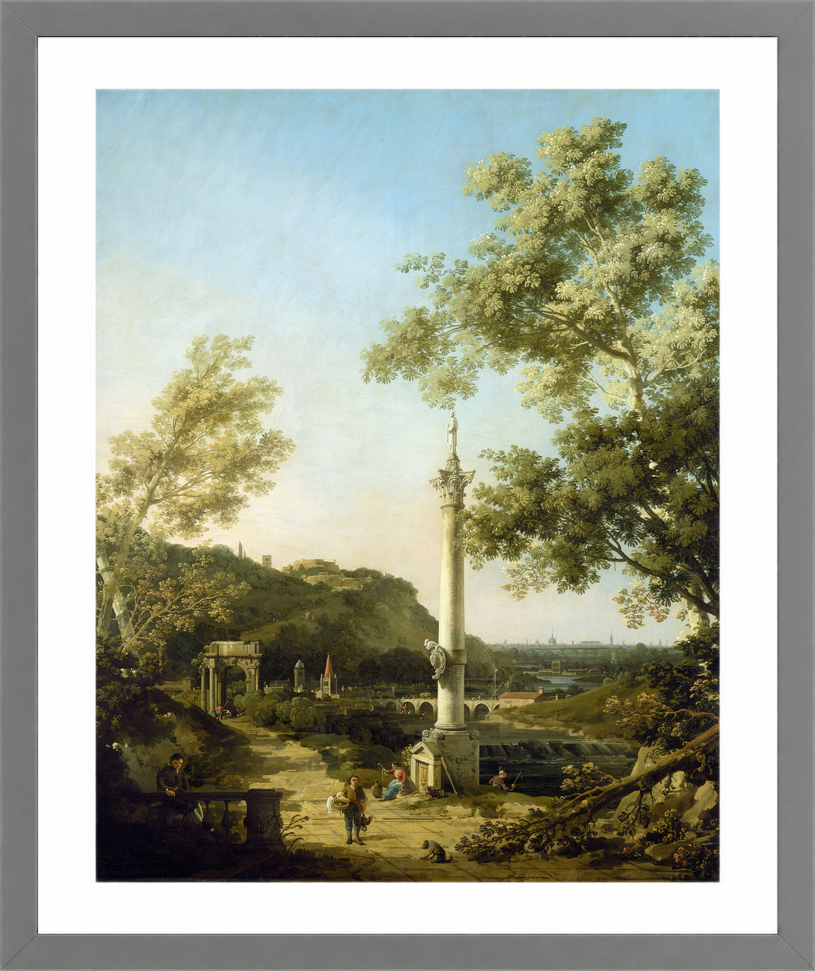Canaletto Print, English Landscape Capriccio with a Column (c. 1754) — light grey frame