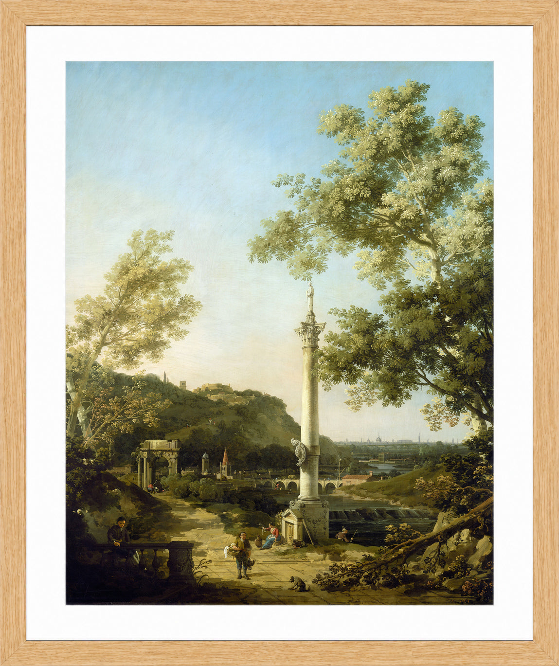Canaletto Print, English Landscape Capriccio with a Column (c. 1754) — oak frame