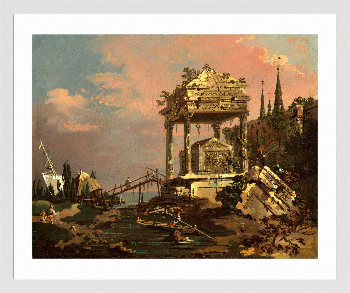 Canaletto Print, Imaginary View with a Tomb by the Lagoon (early 1740s) — white frame
