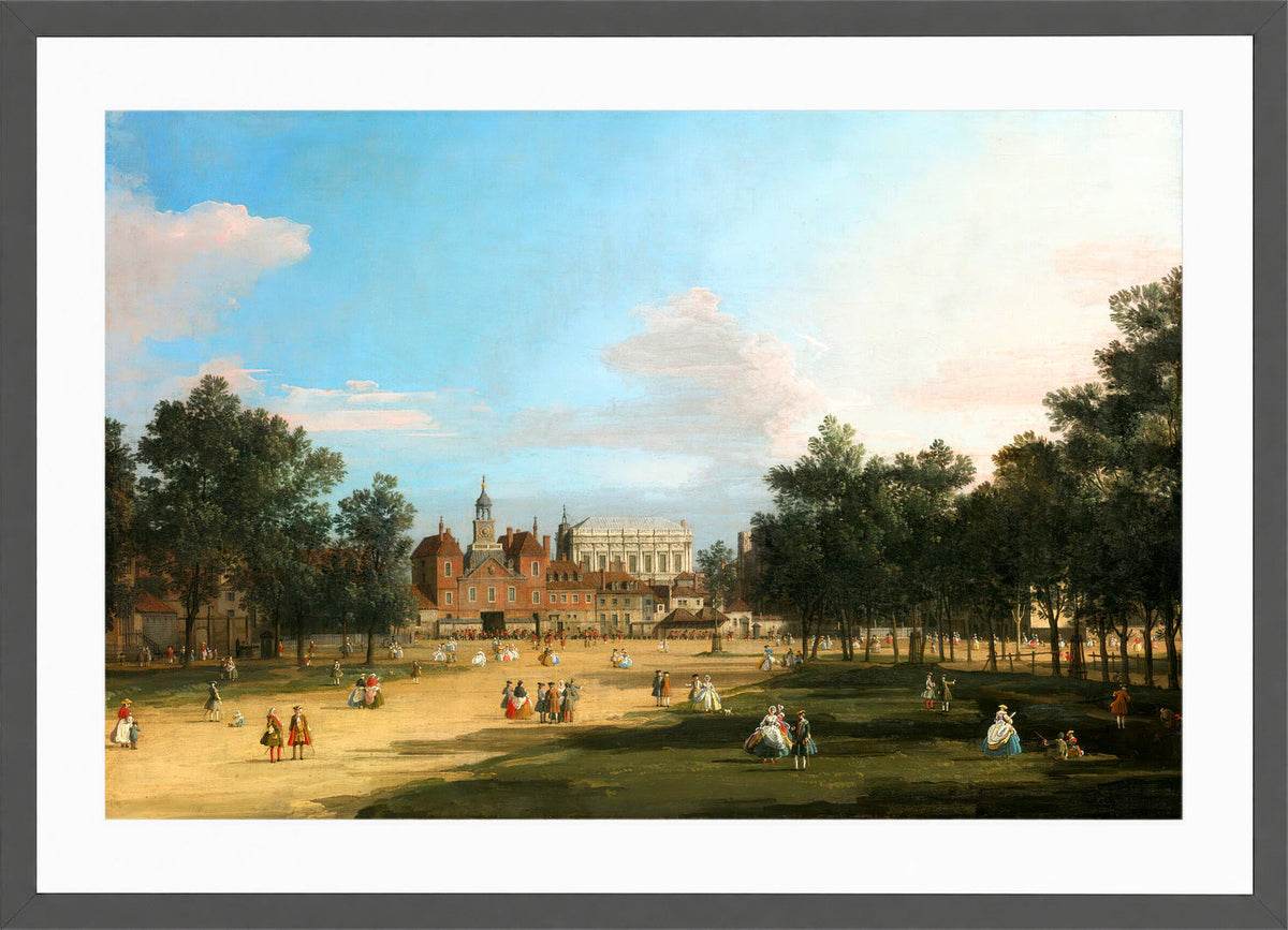Canaletto Print, London: The Old Horse Guards and Banqueting Hall, Whitehall, from St James’s Park — dark grey frame