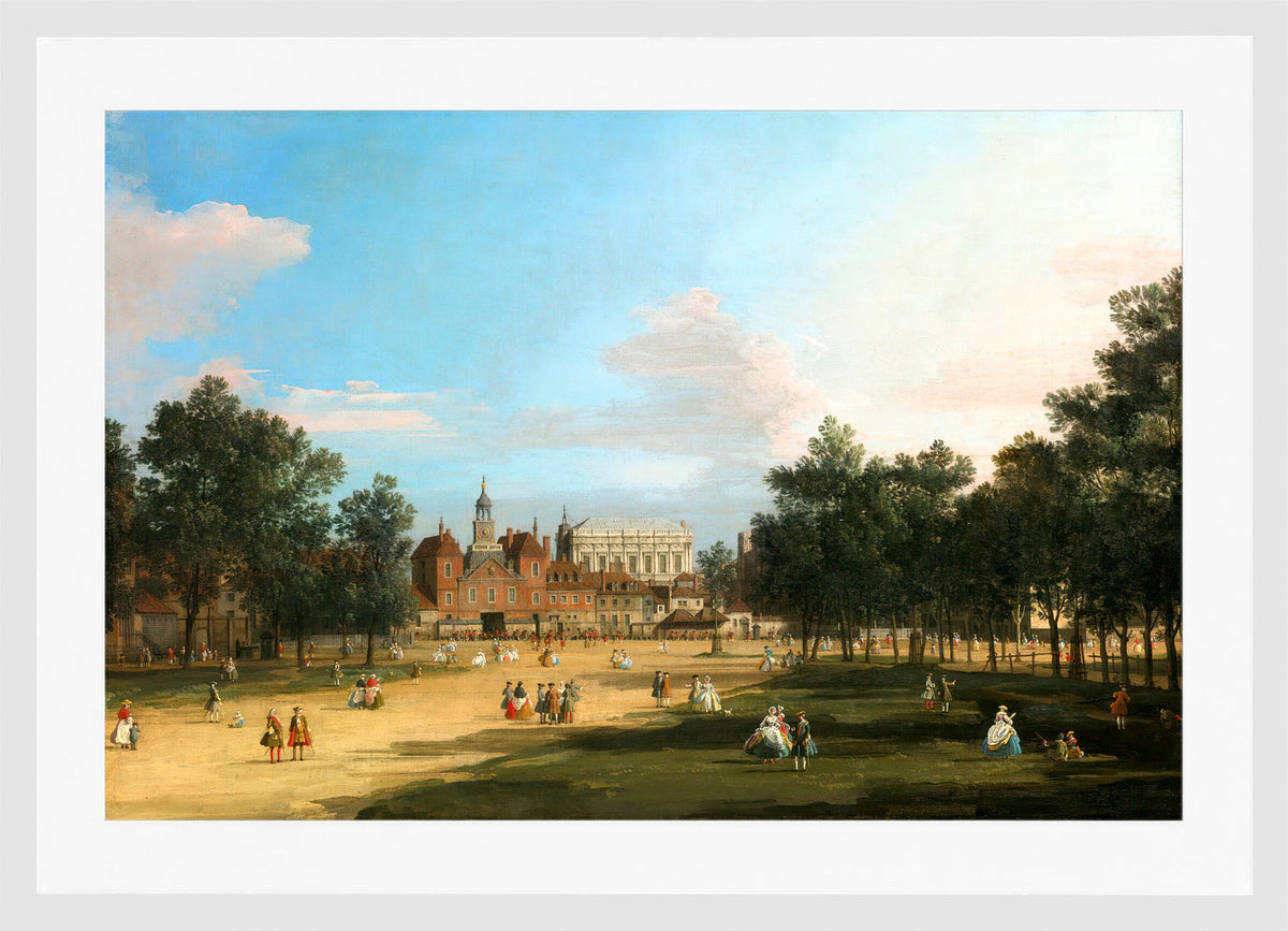 Canaletto Print, London: The Old Horse Guards and Banqueting Hall, Whitehall, from St James’s Park — white frame