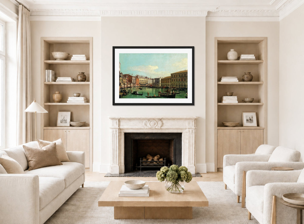 Canaletto Print, The Grand Canal, Venice, Looking South toward the Rialto Bridge (1730s) — living room roomset