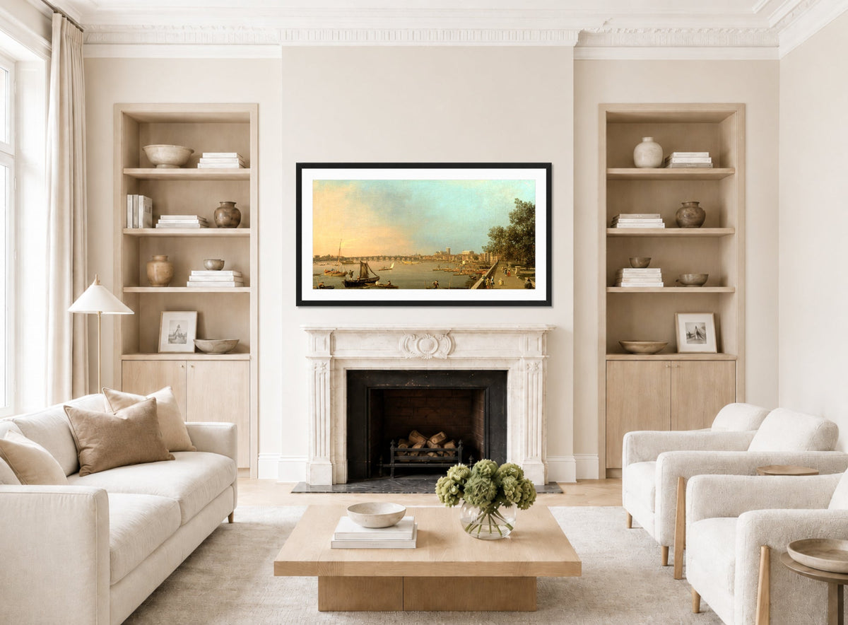 Canaletto Print, The Thames from the Terrace of Somerset House, Looking toward Westminster — living room roomset