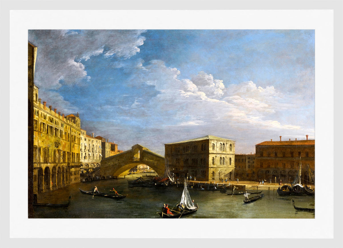 Canaletto Print, Venice, a view of the Grand Canal and the Rialto Bridge from the North — white frame