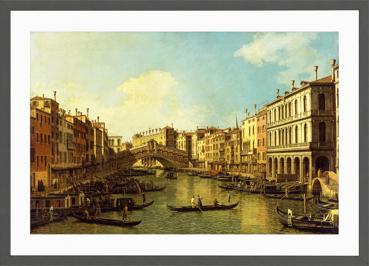 Canaletto Print, Venice, the Grand Canal from the Palazzo Dolfin-Manin to the Rialto Bridge — dark grey frame