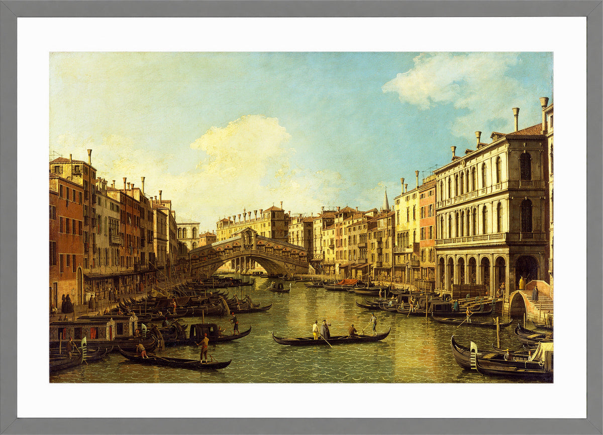 Canaletto Print, Venice, the Grand Canal from the Palazzo Dolfin-Manin to the Rialto Bridge — light grey frame