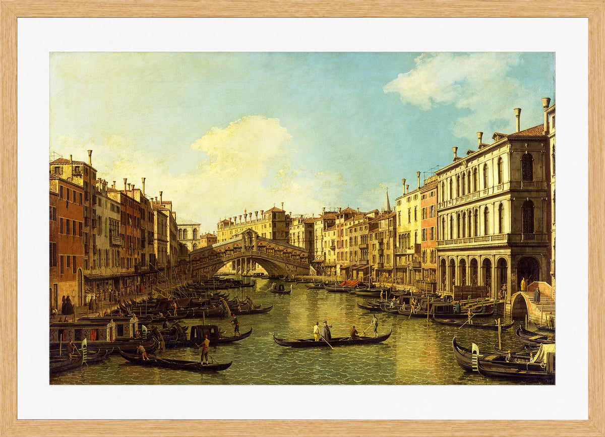 Canaletto Print, Venice, the Grand Canal from the Palazzo Dolfin-Manin to the Rialto Bridge — oak frame