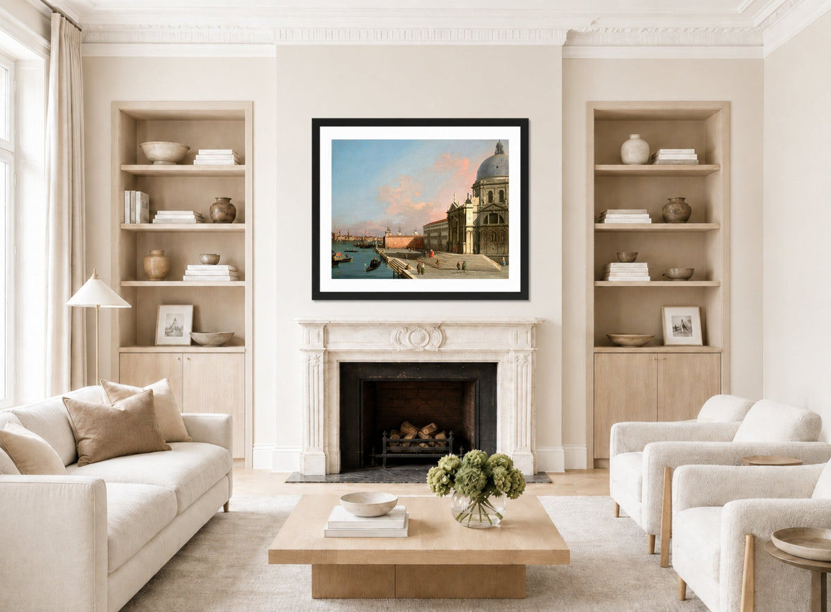 Canaletto Print, Venice, the Grand Canal looking East with Santa Maria della Salute — living room roomset