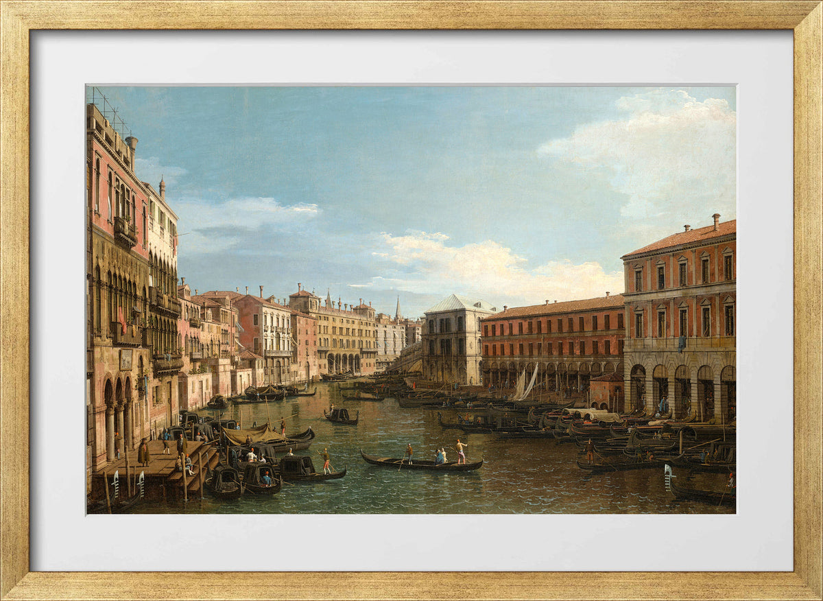 Canaletto Print, Venice, the Grand Canal looking South, from the Ca’ Da Mosto toward the Rialto Bridge — gold frame