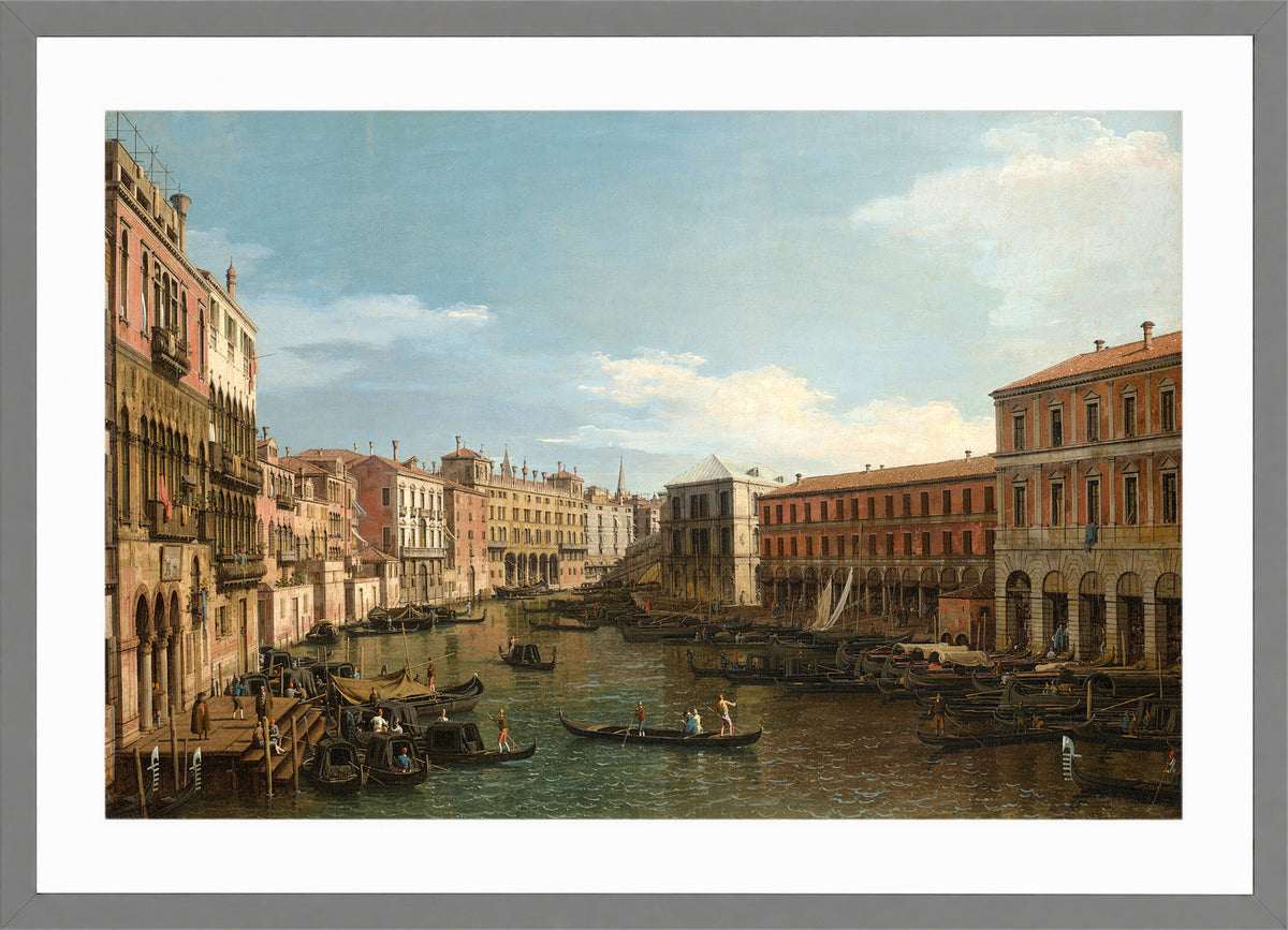 Canaletto Print, Venice, the Grand Canal looking South, from the Ca’ Da Mosto toward the Rialto Bridge — light grey frame