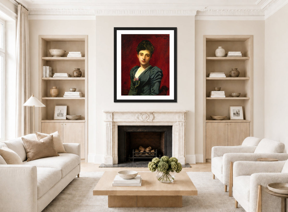 Carolus-Duran Print, Portrait of the Countess Lily de Roussy de Sales (1888) — living room roomset