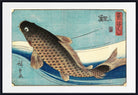 A framed Japanese-style art print depicting a large koi fish swimming over blue water, with Japanese calligraphy and a red seal in the upper right.