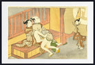 A framed Japanese ukiyo-e woodblock print depicting two seated figures and a standing figure in traditional robes, shown with a white mat and black frame.