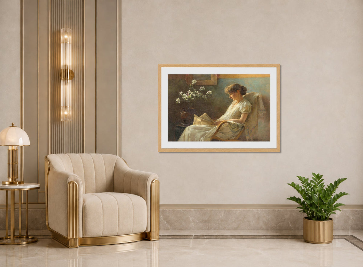Charles Courtney Curran Print, A Comfortable Corner (1887) displayed in an Art Deco interior