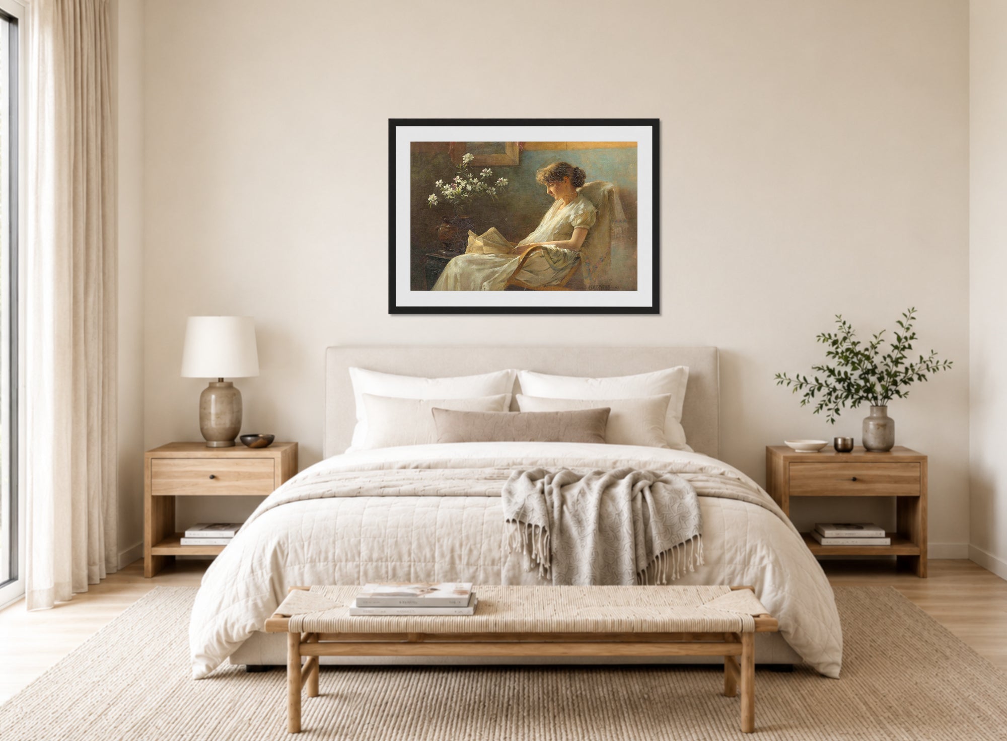 Charles Courtney Curran Print, A Comfortable Corner (1887) displayed above a bed