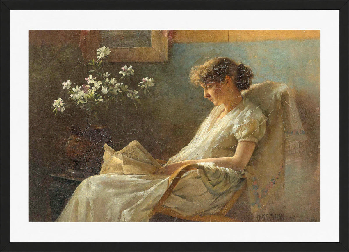 Charles Courtney Curran Print, A Comfortable Corner (1887) in a black frame