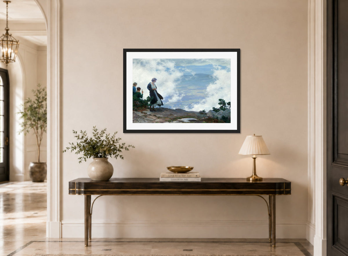 Charles Courtney Curran Print, After the Storm displayed above a console table