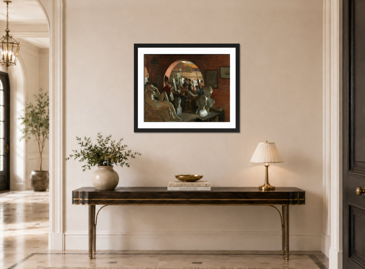 Charles Courtney Curran Print, An Alcove in the Art Students' League (1888) displayed above a console table