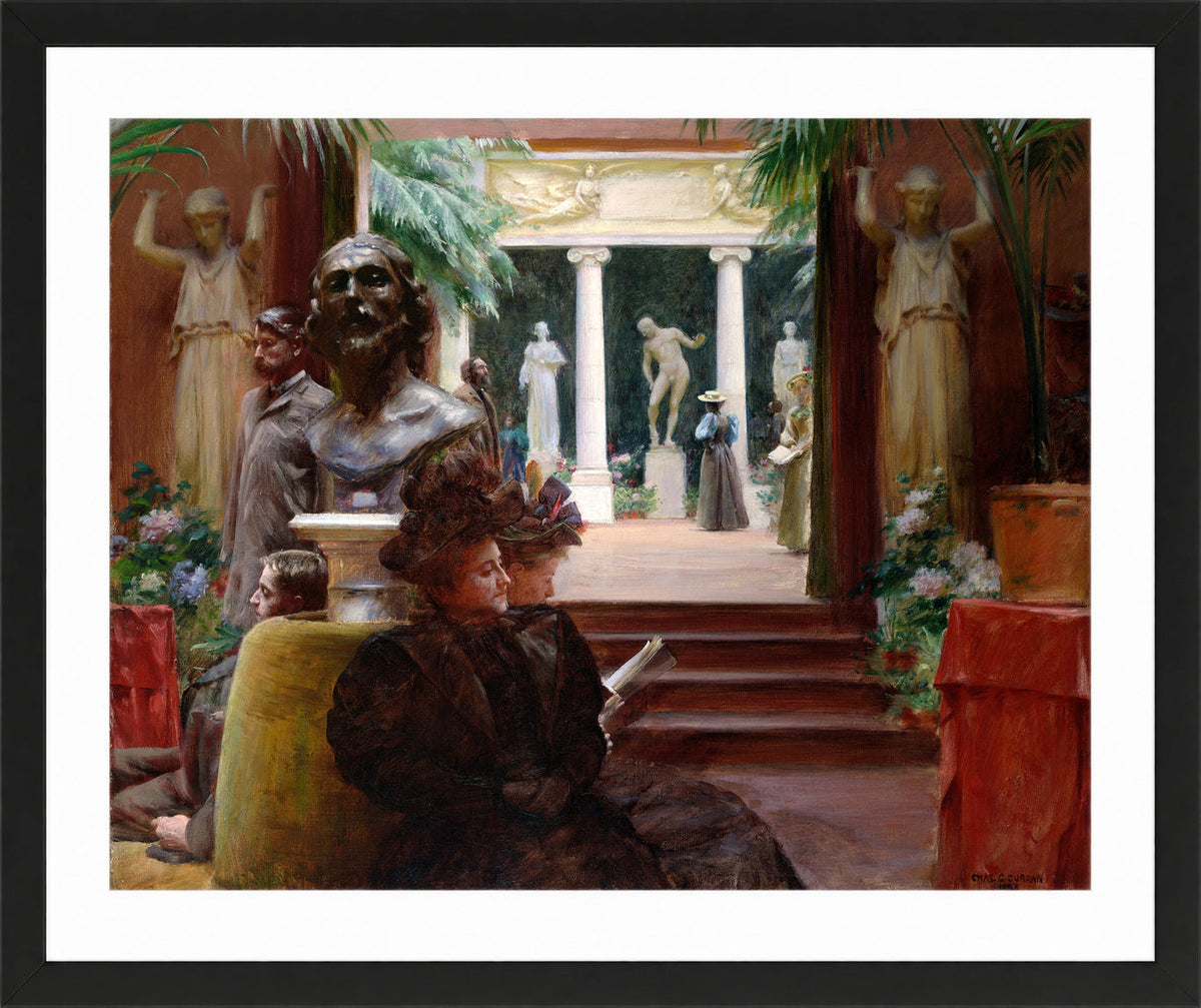 Charles Courtney Curran Print, At the Sculpture Exhibition (1895) in a black frame