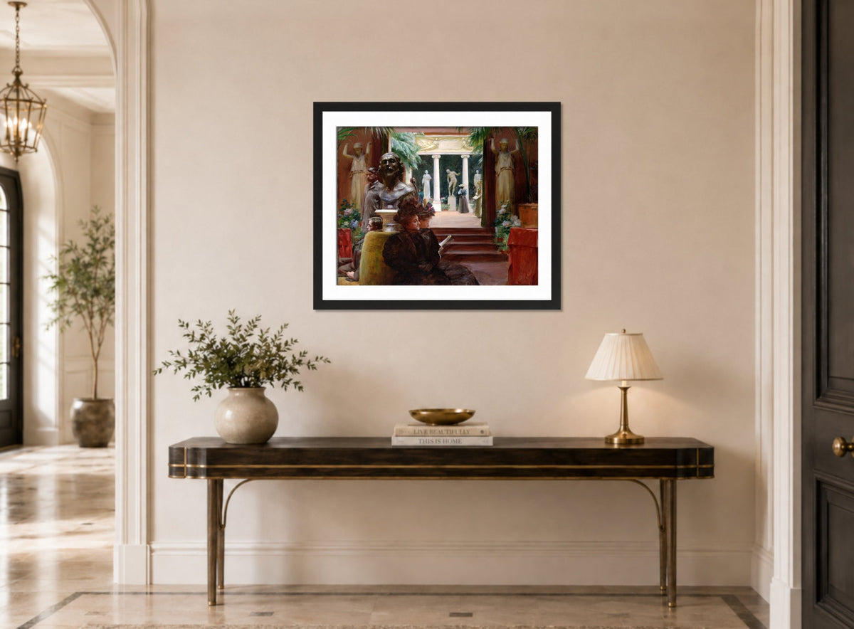 Charles Courtney Curran Print, At the Sculpture Exhibition (1895) displayed above a console table
