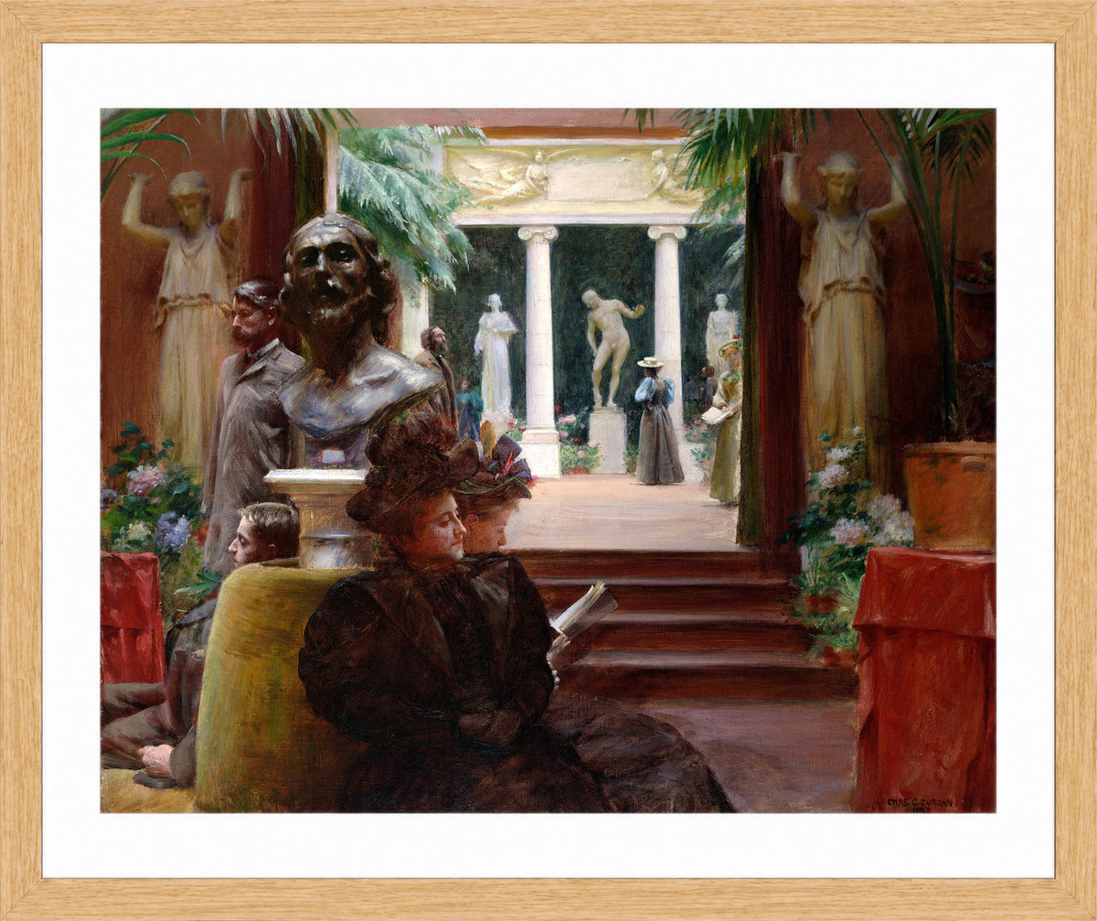 Charles Courtney Curran Print, At the Sculpture Exhibition (1895) in a light oak frame
