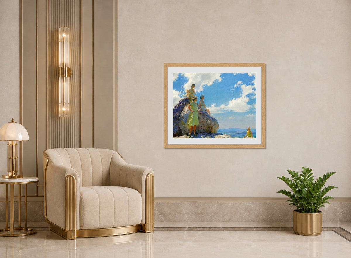 Charles Courtney Curran Print, Bear Rocks displayed in an Art Deco interior