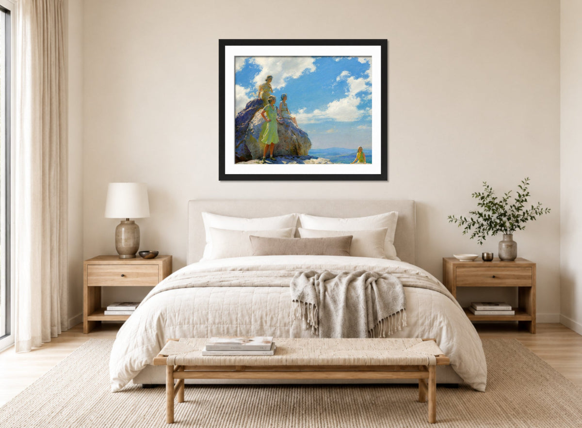 Charles Courtney Curran Print, Bear Rocks displayed above a bed