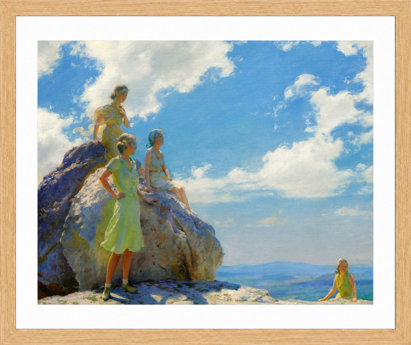 Charles Courtney Curran Print, Bear Rocks in a light oak frame