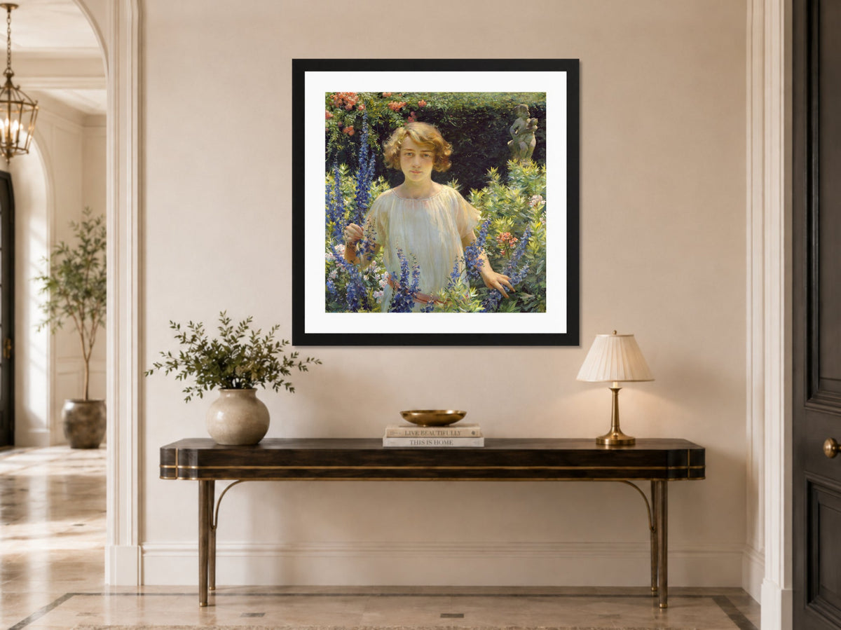 Charles Courtney Curran Print, Betty Gallowhur (Betty Newell) (1922) displayed above a console table