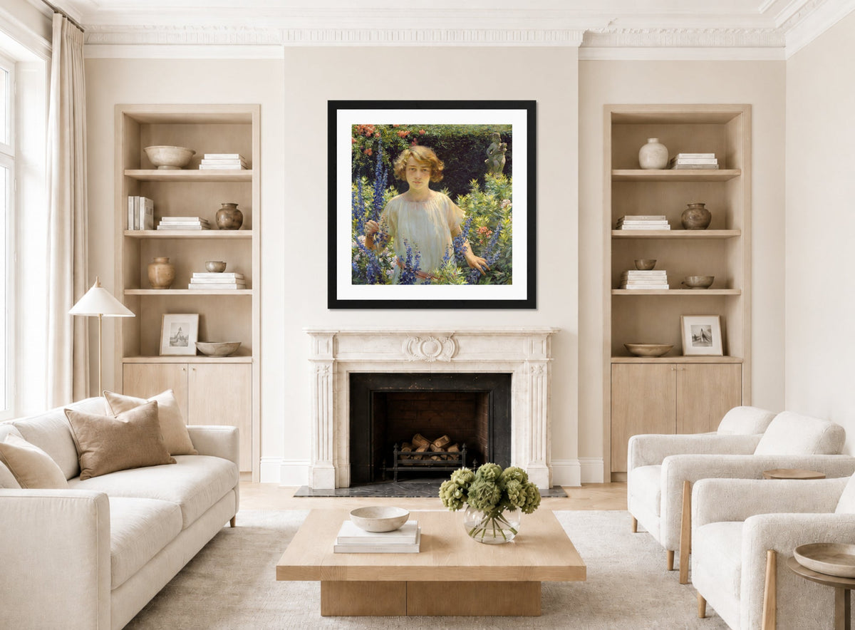 Charles Courtney Curran Print, Betty Gallowhur (Betty Newell) (1922) displayed in a Scandinavian living room