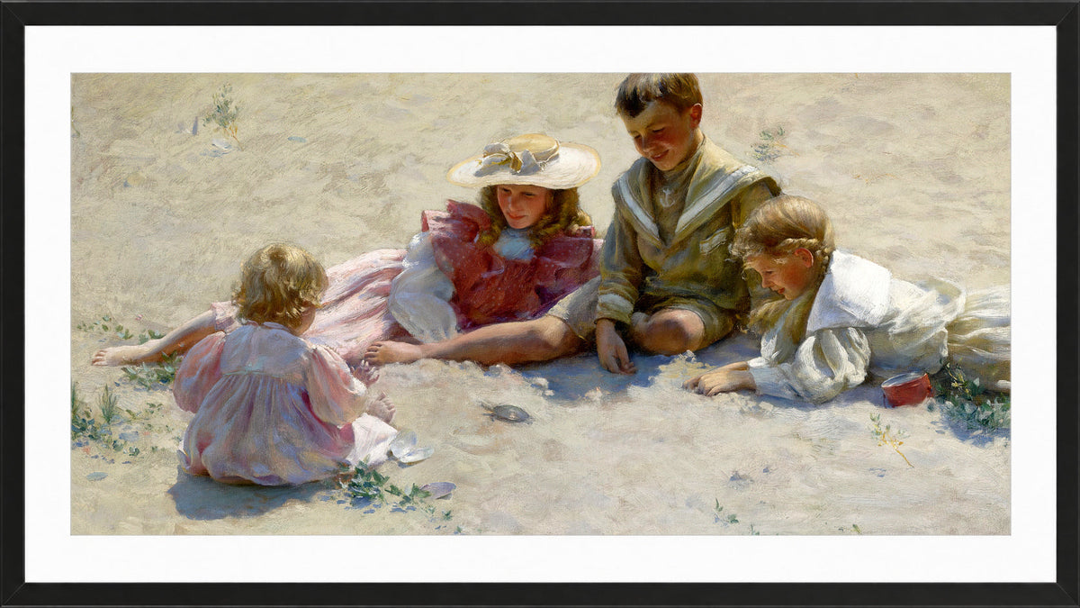 Charles Courtney Curran Print, Children by the Seashore (1896) in a black frame