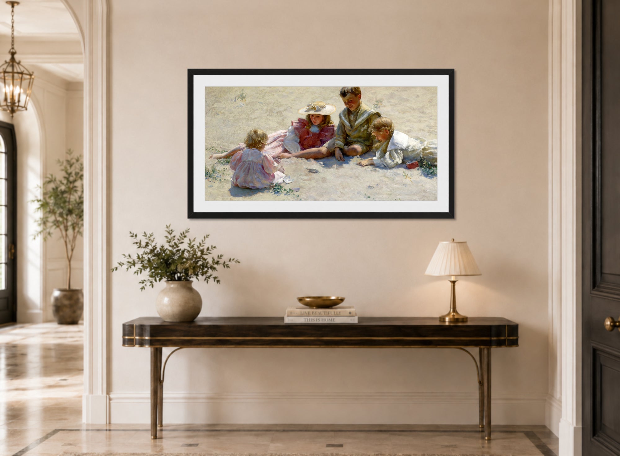 Charles Courtney Curran Print, Children by the Seashore (1896) displayed above a console table