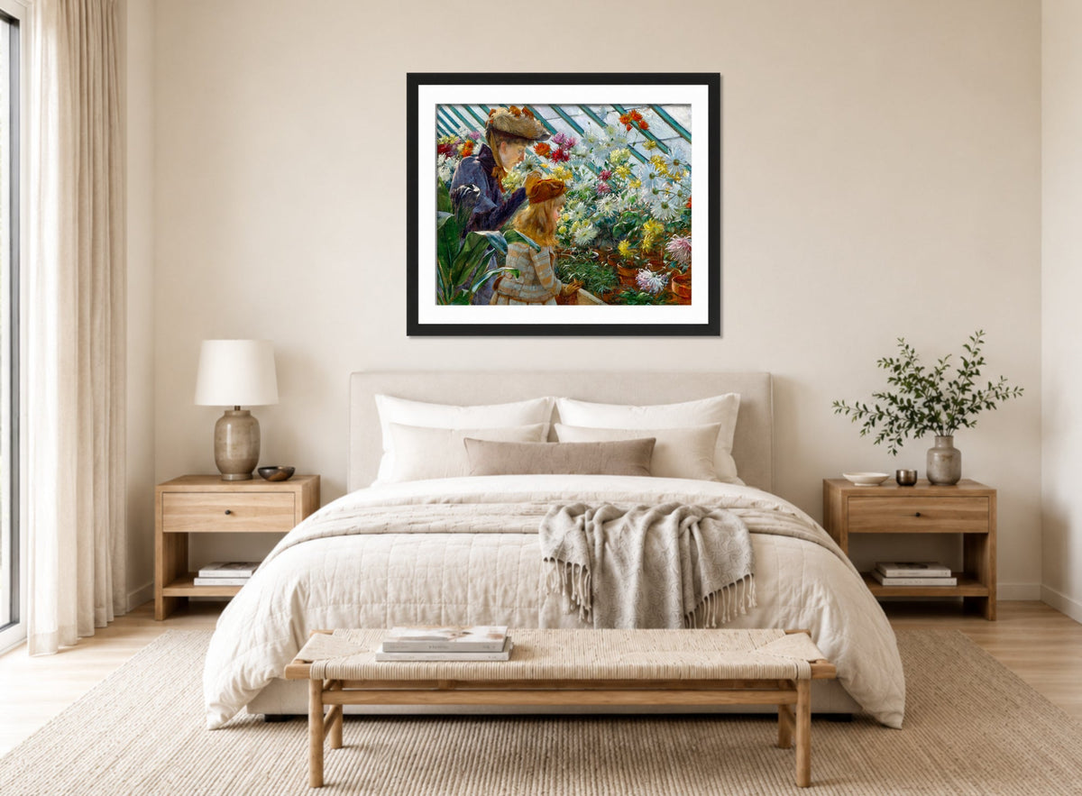 Charles Courtney Curran Print, Chrysanthemums (1890) displayed above a bed
