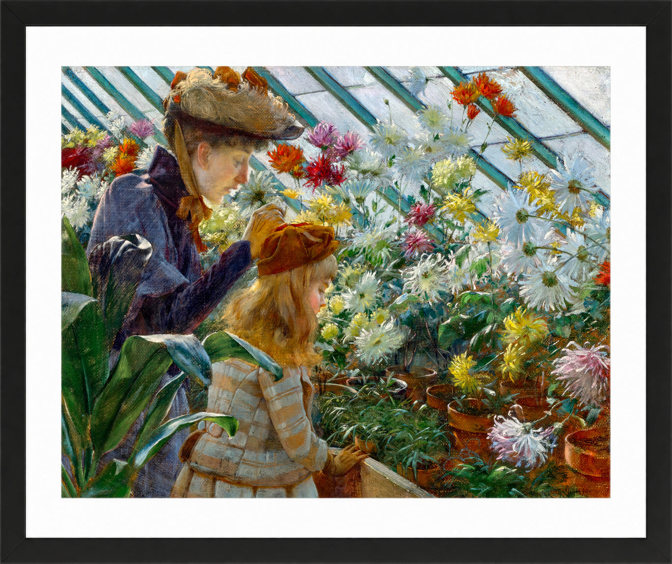 Charles Courtney Curran Print, Chrysanthemums (1890) in a black frame