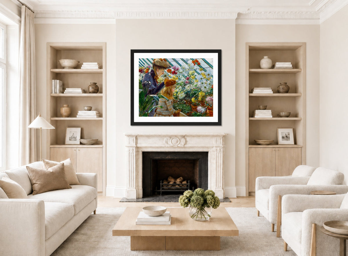 Charles Courtney Curran Print, Chrysanthemums (1890) displayed in a Scandinavian living room