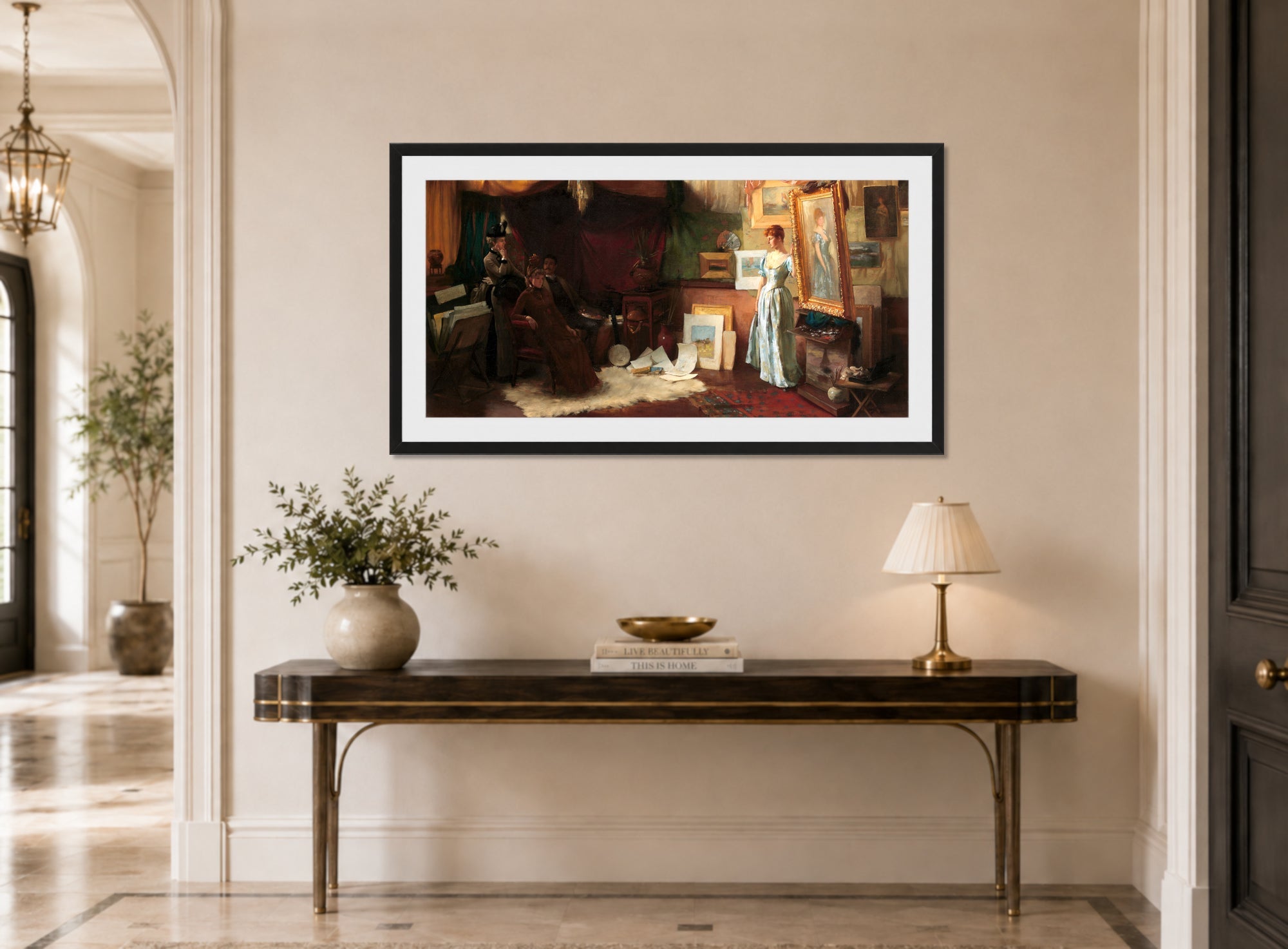 Charles Courtney Curran Print, Fair Critics (1887) displayed above a console table