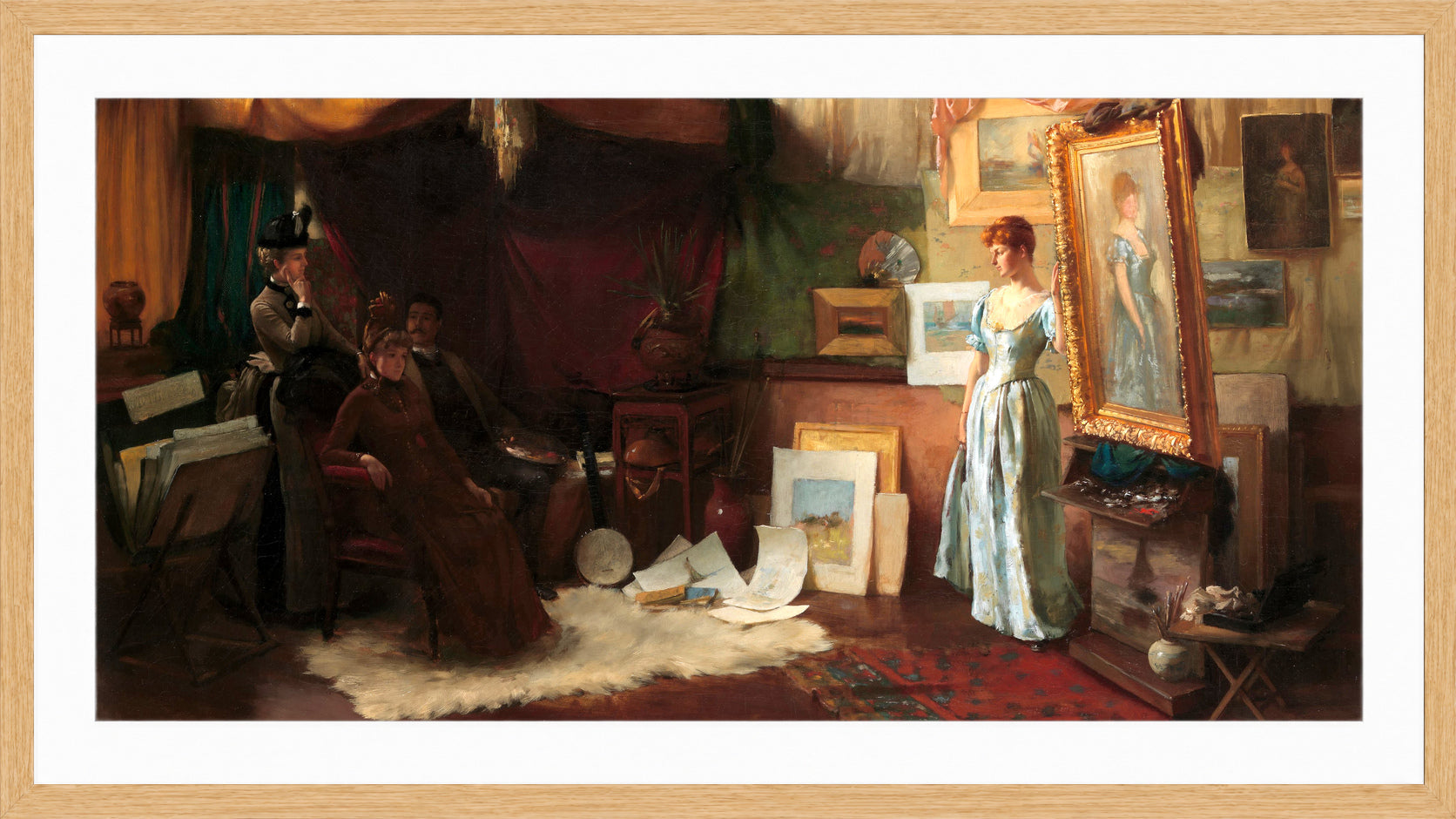 Charles Courtney Curran Print, Fair Critics (1887) in a light oak frame