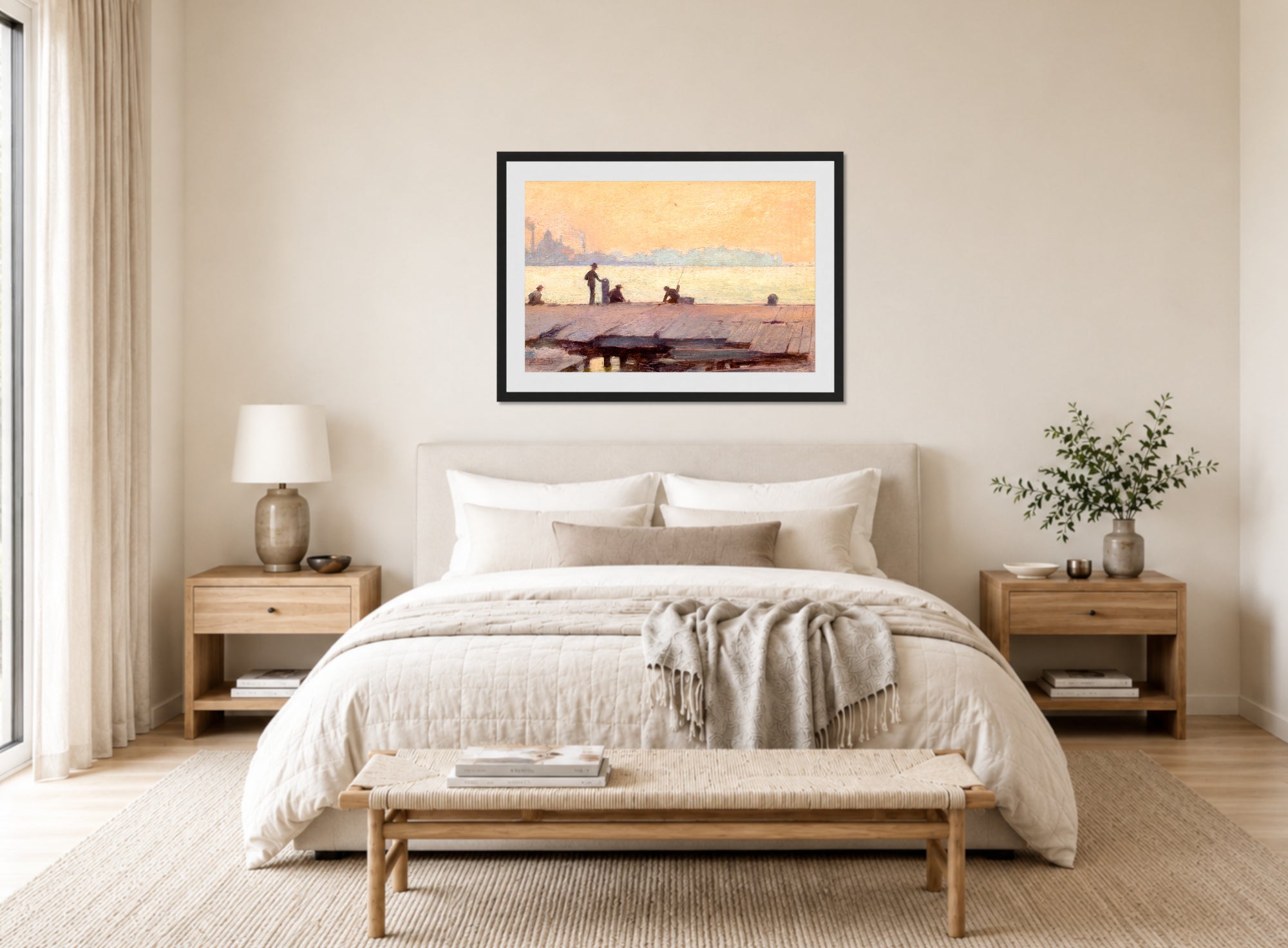 Charles Courtney Curran Print, Fishermen on the Dock (1895) displayed above a bed